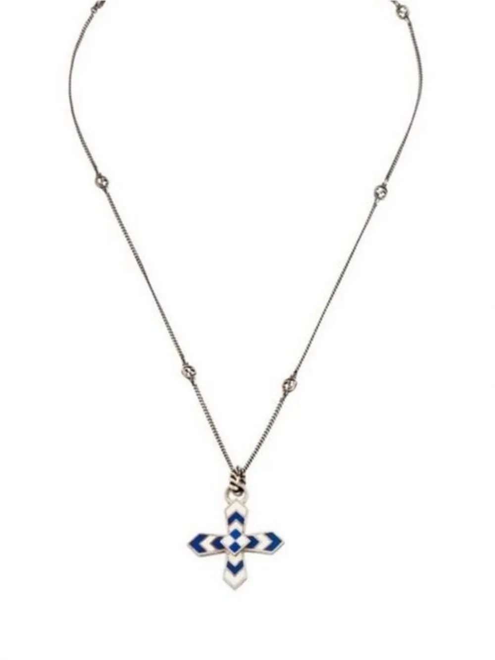 New Full Set Gucci Cross Unisex 925 Silver Blue Enamel Necklace 20